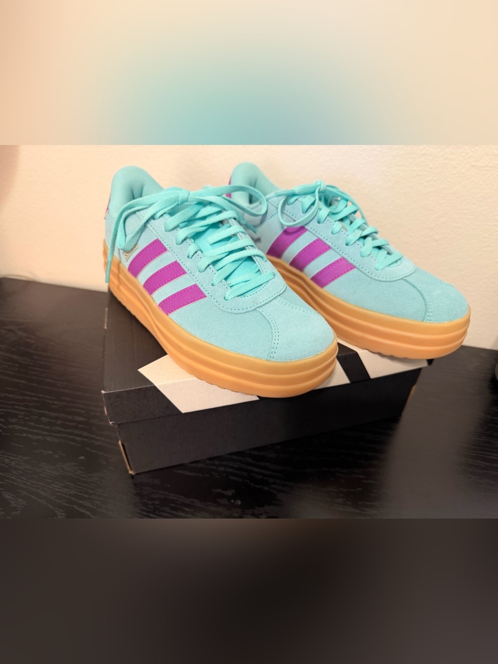 adidas Teal Sneakers with Purple Stripes and Gum Platform Sole